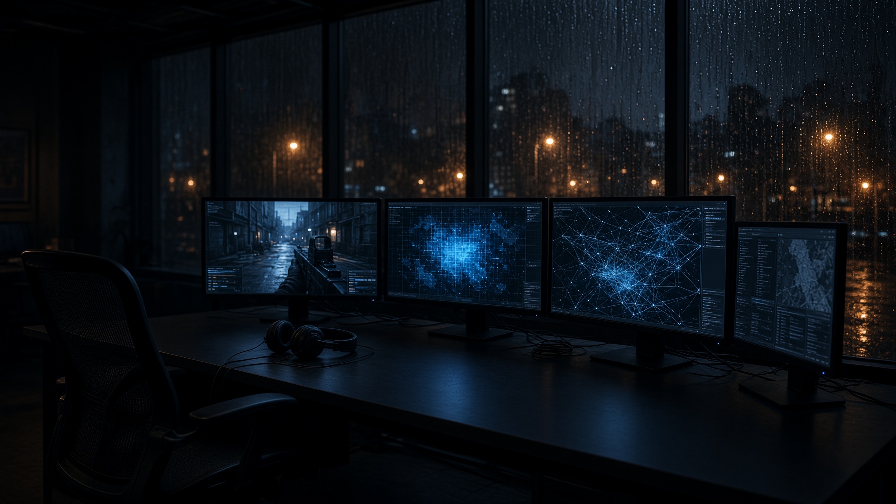 Night newsroom with rain on the glass and empty operator stations